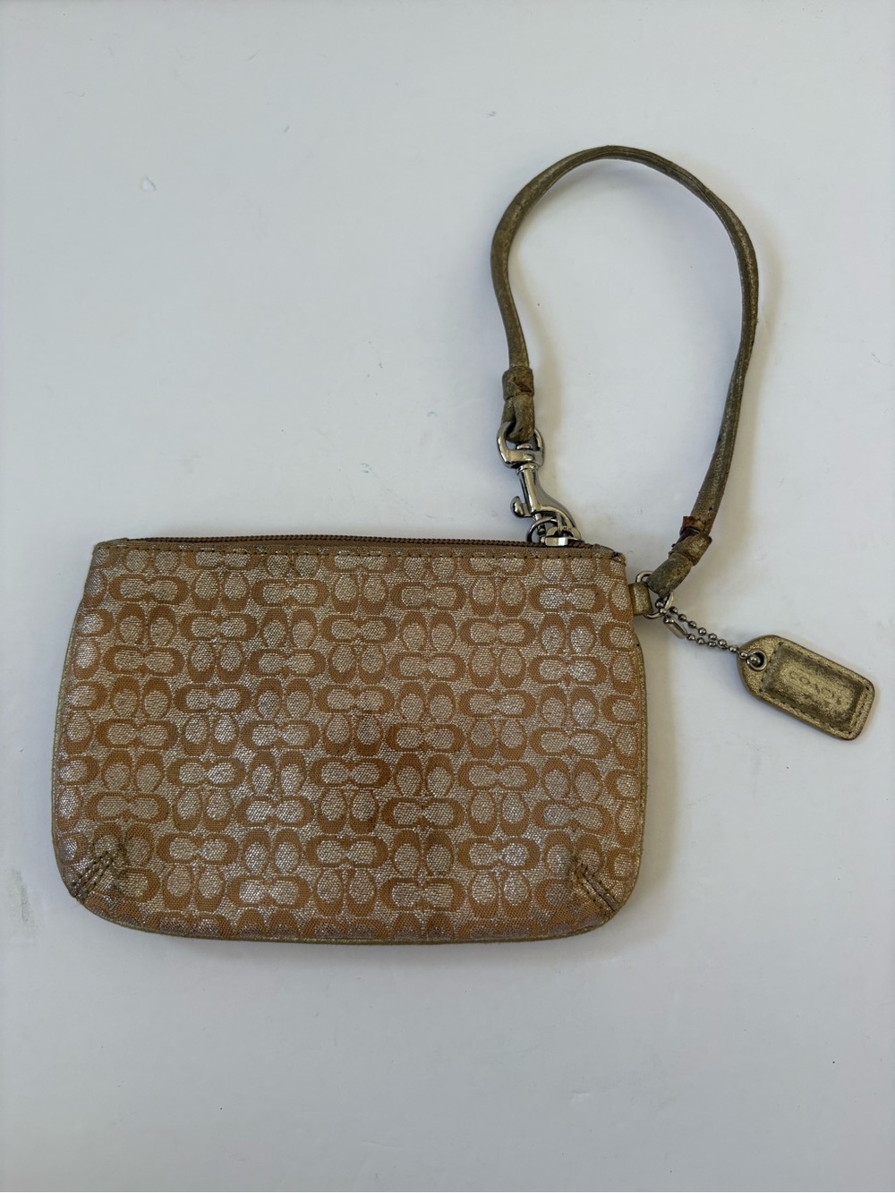 VNTG Authentic Coach Gold Lurex Wristlet Clutch Mettalic Textile Jacquard Logo